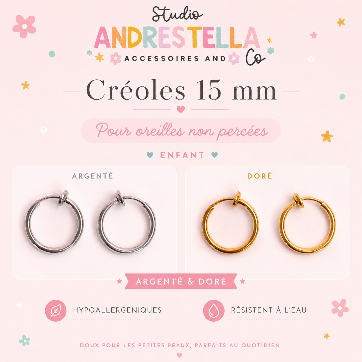BOUCLES CRÉOLES OREILLE NON PERCEE ACIER INOXYDABLE 15 MM