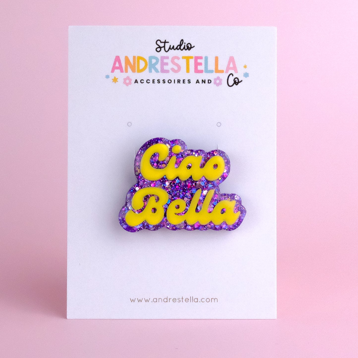 BROCHE CIAO BELLA VIOLET ET JAUNE