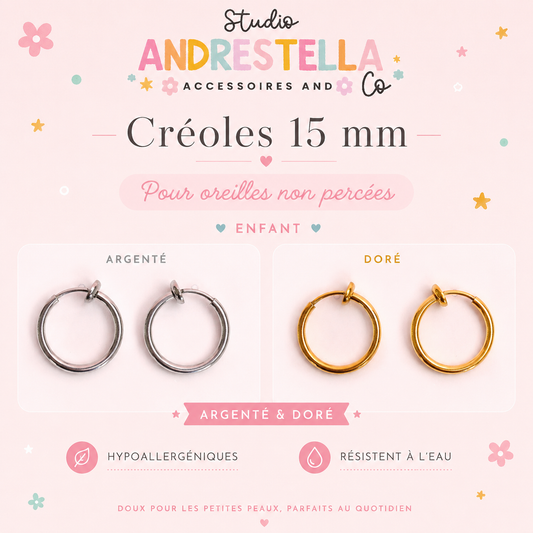 BOUCLES CRÉOLES OREILLE NON PERCEE ACIER INOXYDABLE 15 MM